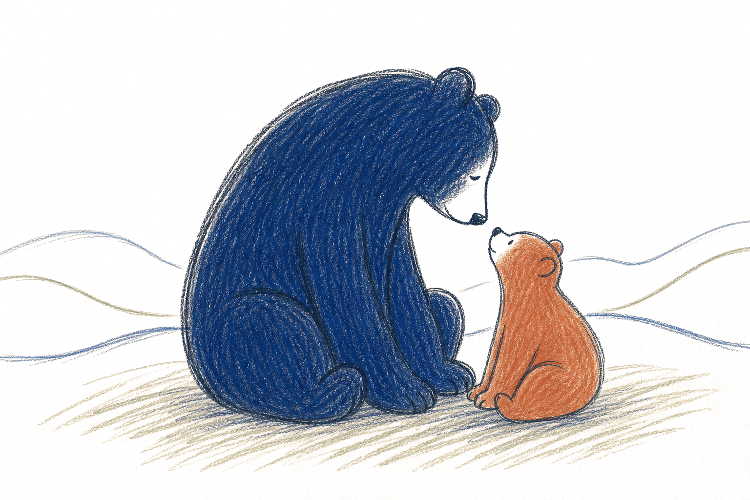 Pencil illustration of a grown bear beside a cub